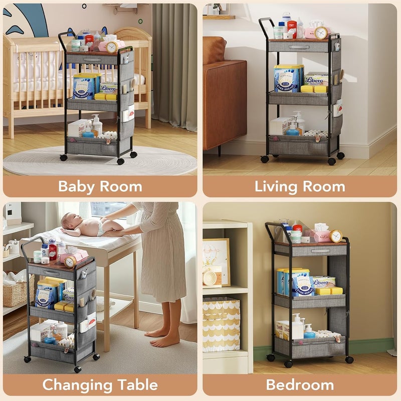 BBLIKE 3-Tier Diaper Caddy Organizer - Rolling Utility Baby Cart with Drawer and Side Pockets for Nursery and Baby Essentials, Multi-Function Cart for Bedroom and Bathroom, Gray - Image 4
